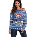 Australia Christmas In July Off Shoulder Sweater Koala Santa Skiing Blue Color