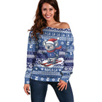 Australia Christmas In July Off Shoulder Sweater Koala Santa Skiing Blue Color