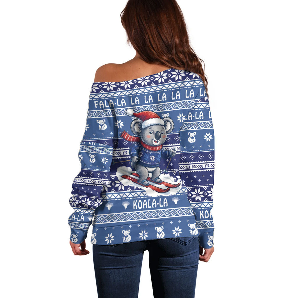 Australia Christmas In July Off Shoulder Sweater Koala Santa Skiing Blue Color