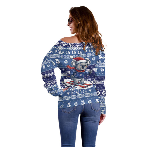 Australia Christmas In July Off Shoulder Sweater Koala Santa Skiing Blue Color