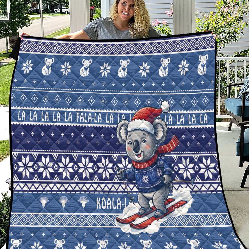 Australia Christmas In July Quilt Koala Santa Skiing Blue Color