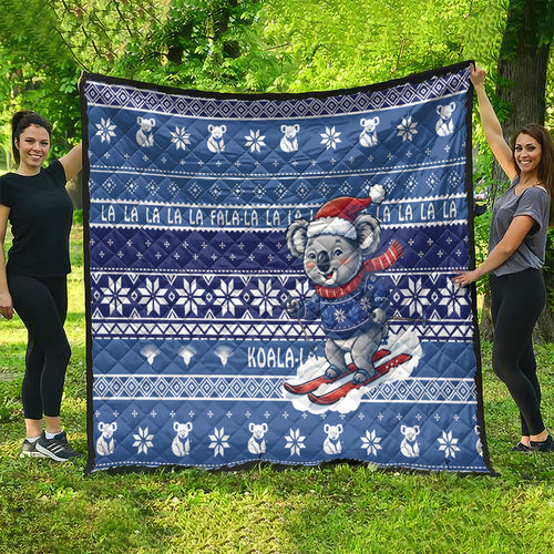 Australia Christmas In July Quilt Koala Santa Skiing Blue Color