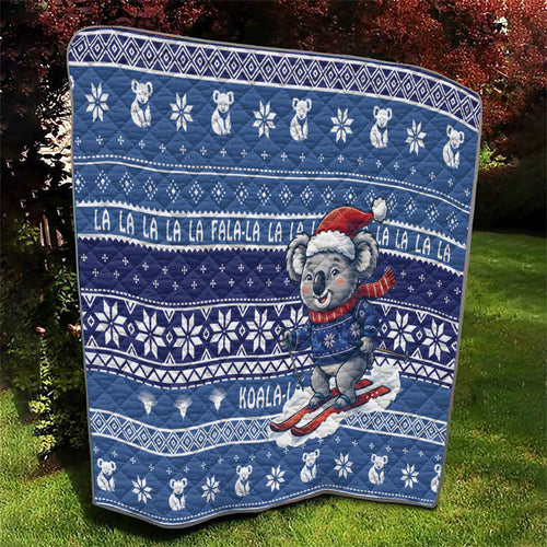Australia Christmas In July Quilt Koala Santa Skiing Blue Color
