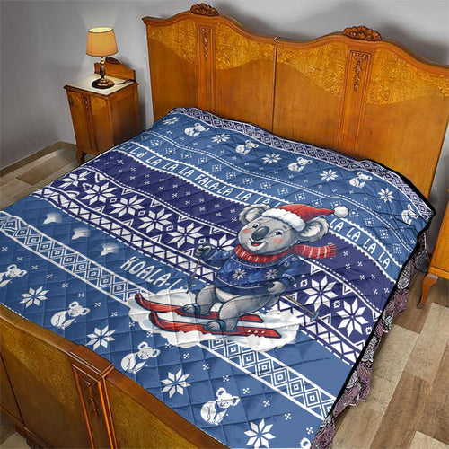 Australia Christmas In July Quilt Koala Santa Skiing Blue Color