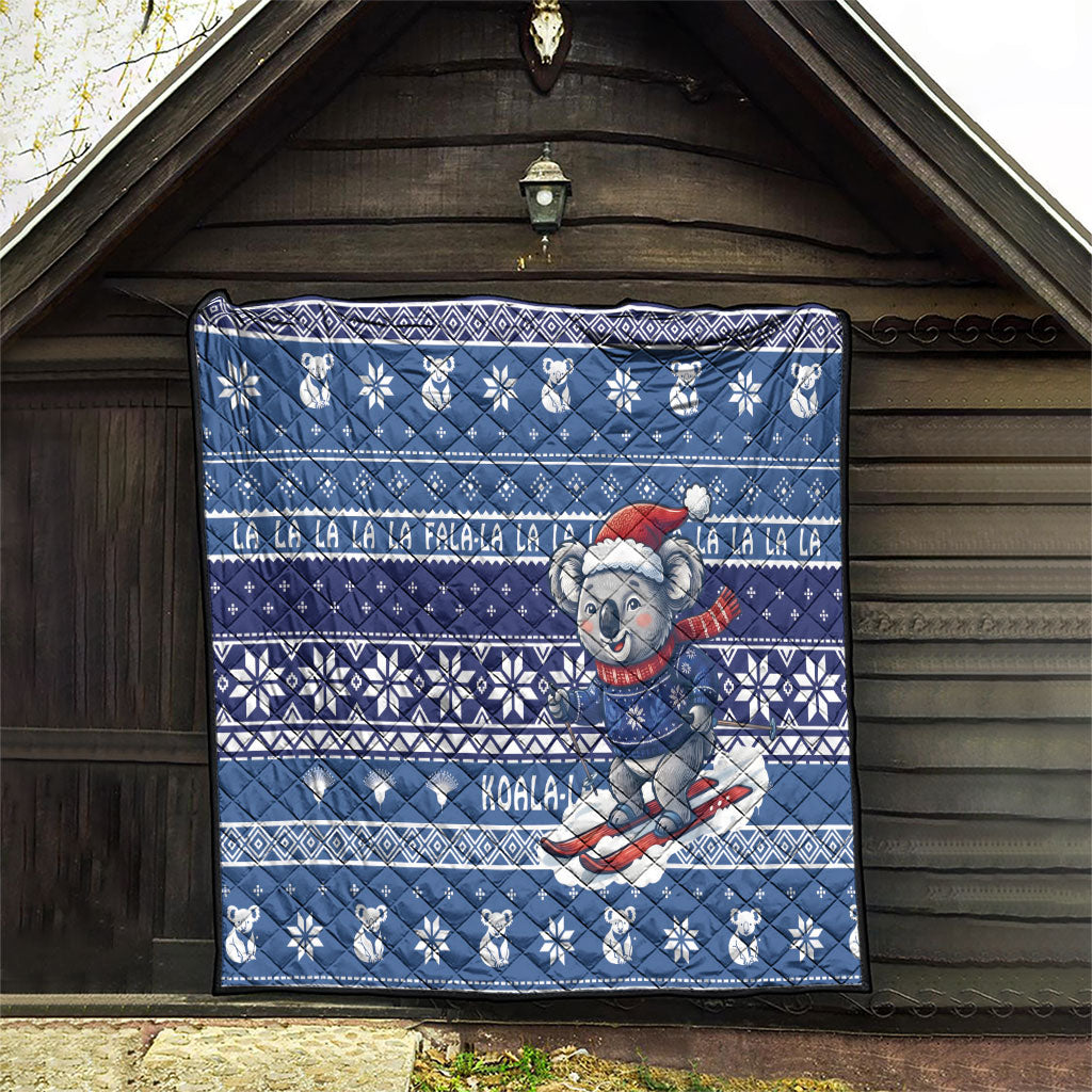 Australia Christmas In July Quilt Koala Santa Skiing Blue Color