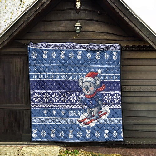 Australia Christmas In July Quilt Koala Santa Skiing Blue Color