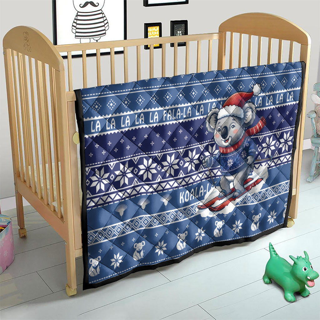Australia Christmas In July Quilt Koala Santa Skiing Blue Color