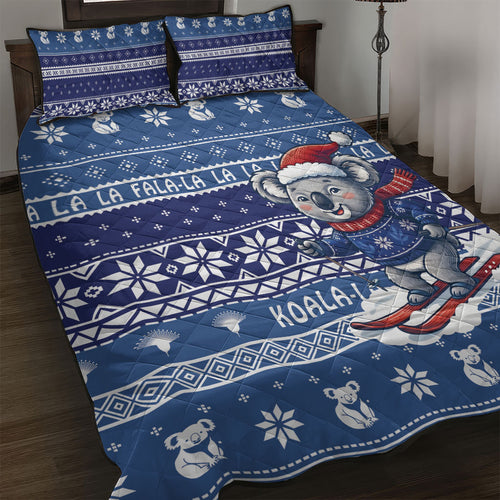 Australia Christmas In July Quilt Bed Set Koala Santa Skiing Blue Color