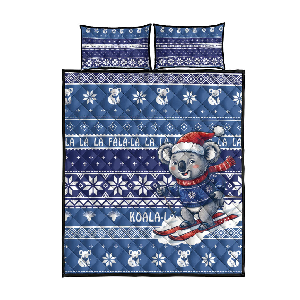 Australia Christmas In July Quilt Bed Set Koala Santa Skiing Blue Color