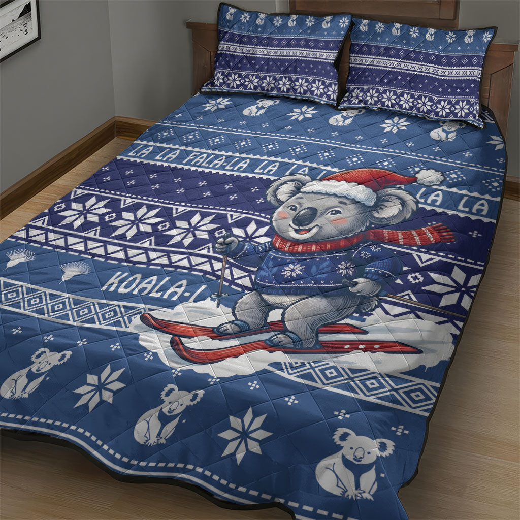 Australia Christmas In July Quilt Bed Set Koala Santa Skiing Blue Color
