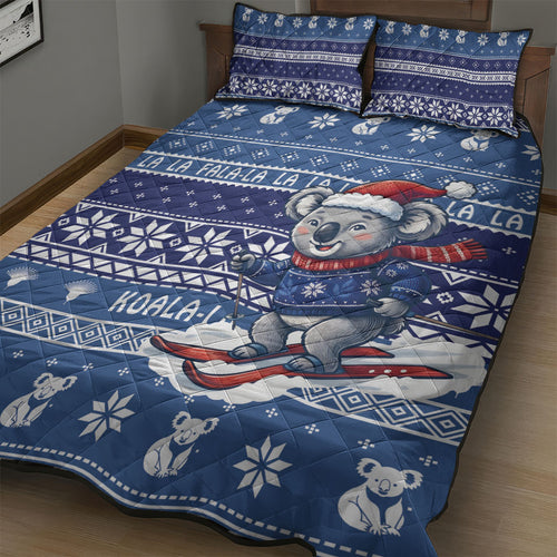 Australia Christmas In July Quilt Bed Set Koala Santa Skiing Blue Color