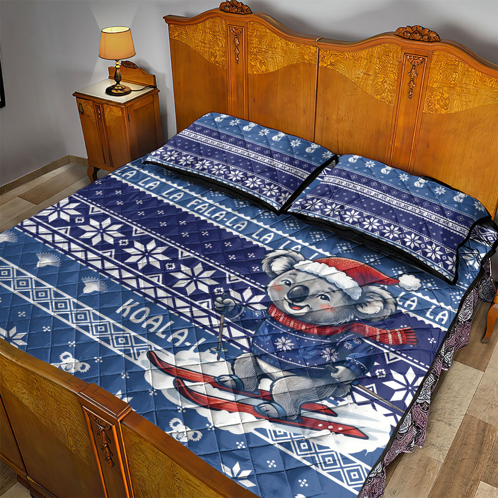 Australia Christmas In July Quilt Bed Set Koala Santa Skiing Blue Color
