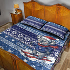 Australia Christmas In July Quilt Bed Set Koala Santa Skiing Blue Color
