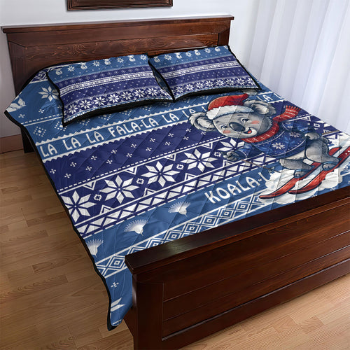 Australia Christmas In July Quilt Bed Set Koala Santa Skiing Blue Color