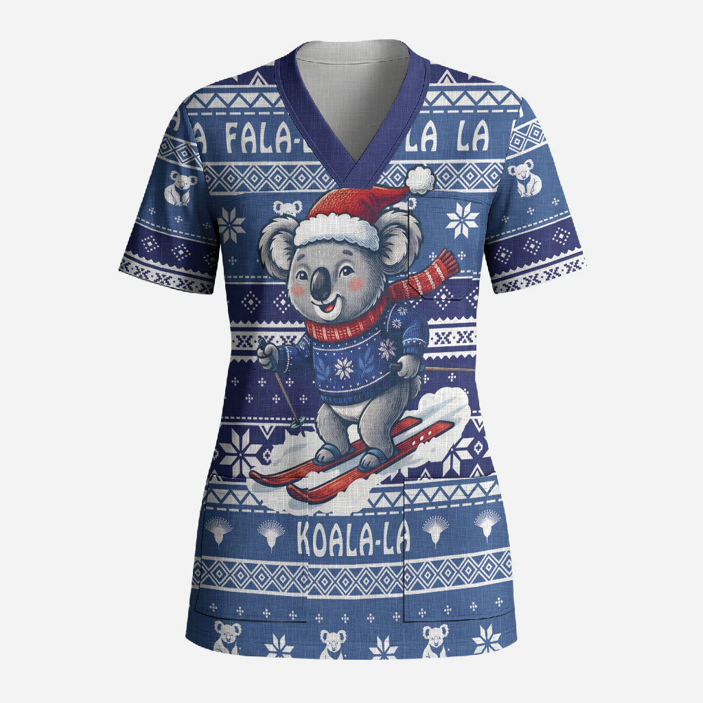 Australia Christmas In July Scrub Top Koala Santa Skiing Blue Color