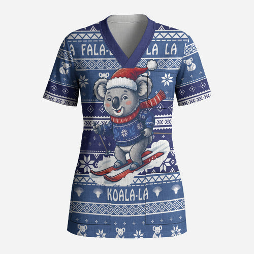 Australia Christmas In July Scrub Top Koala Santa Skiing Blue Color