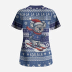 Australia Christmas In July Scrub Top Koala Santa Skiing Blue Color