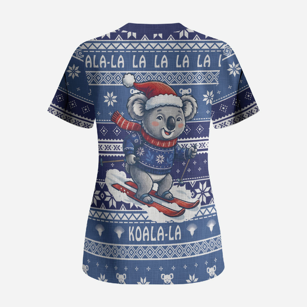 Australia Christmas In July Scrub Top Koala Santa Skiing Blue Color