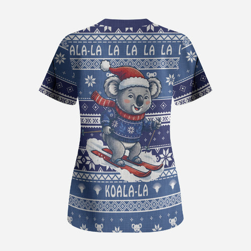Australia Christmas In July Scrub Top Koala Santa Skiing Blue Color