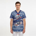 Australia Christmas In July Scrub Top Koala Santa Skiing Blue Color