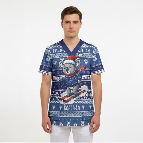 Australia Christmas In July Scrub Top Koala Santa Skiing Blue Color