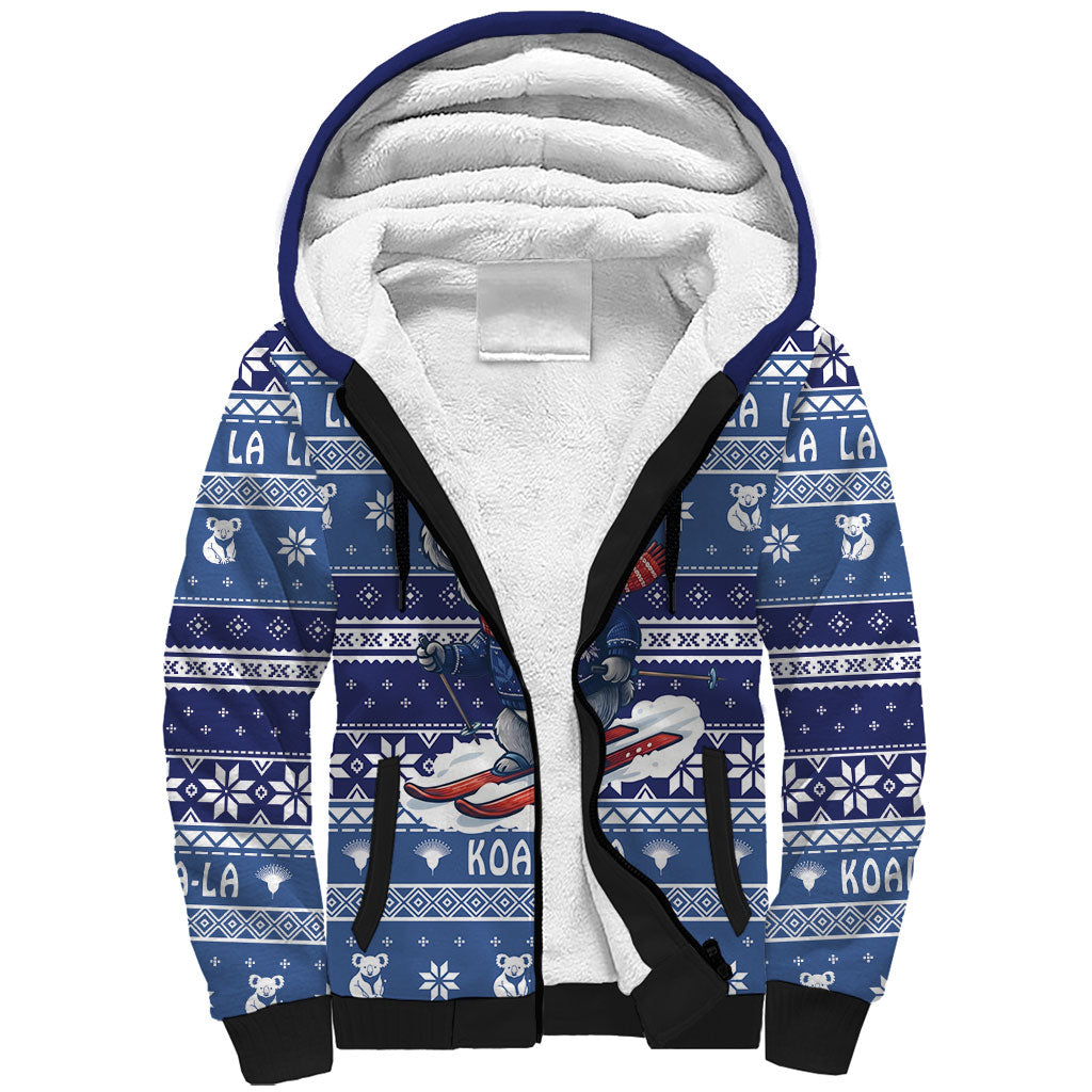 Australia Christmas In July Sherpa Hoodie Koala Santa Skiing Blue Color