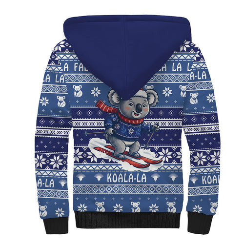 Australia Christmas In July Sherpa Hoodie Koala Santa Skiing Blue Color