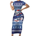 Australia Christmas In July Short Sleeve Bodycon Dress Koala Santa Skiing Blue Color