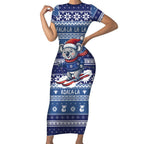 Australia Christmas In July Short Sleeve Bodycon Dress Koala Santa Skiing Blue Color
