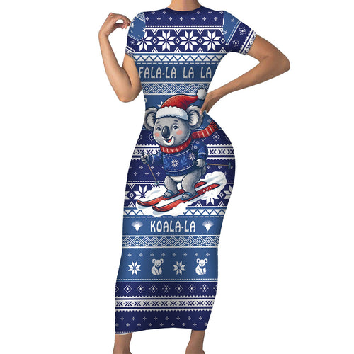 Australia Christmas In July Short Sleeve Bodycon Dress Koala Santa Skiing Blue Color