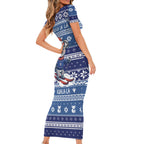 Australia Christmas In July Short Sleeve Bodycon Dress Koala Santa Skiing Blue Color