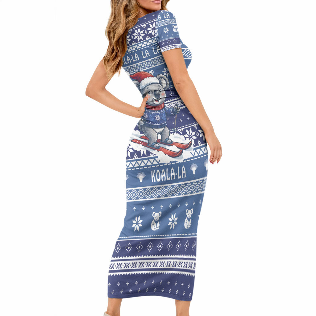 Australia Christmas In July Short Sleeve Bodycon Dress Koala Santa Skiing Blue Color LT22