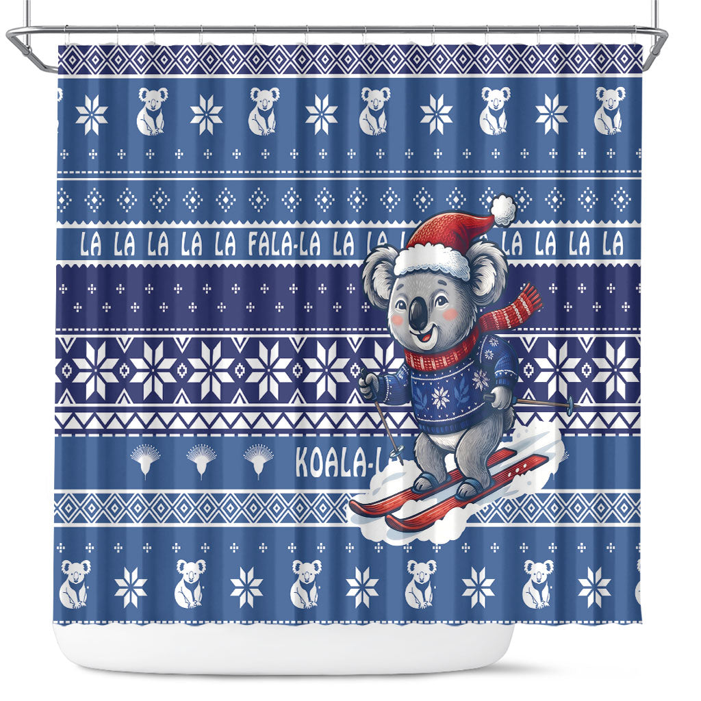 Australia Christmas In July Shower Curtain Koala Santa Skiing Blue Color