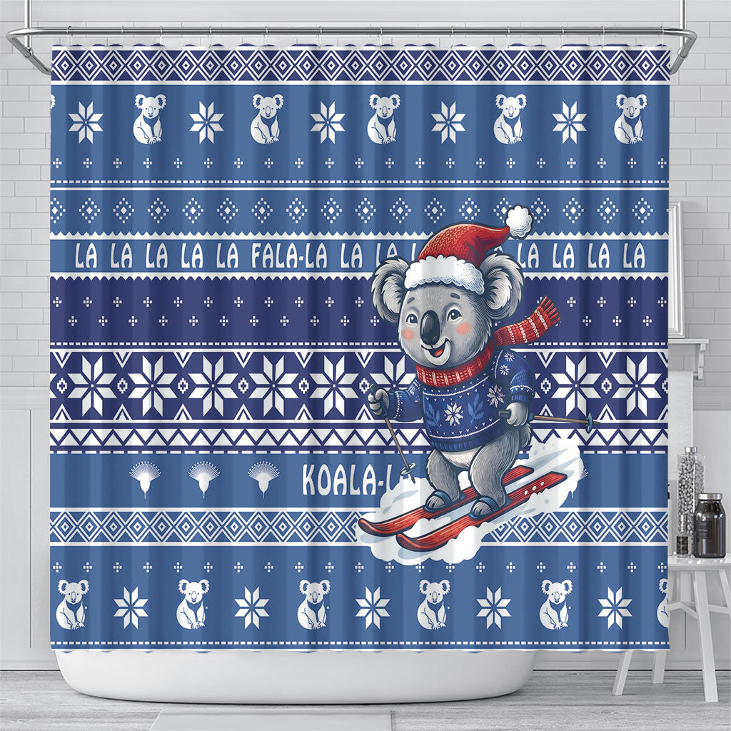 Australia Christmas In July Shower Curtain Koala Santa Skiing Blue Color