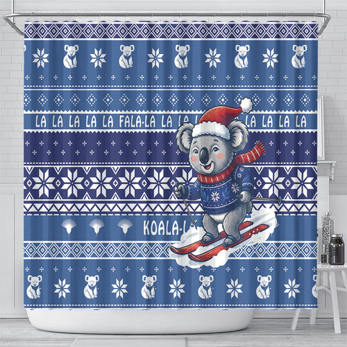 Australia Christmas In July Shower Curtain Koala Santa Skiing Blue Color