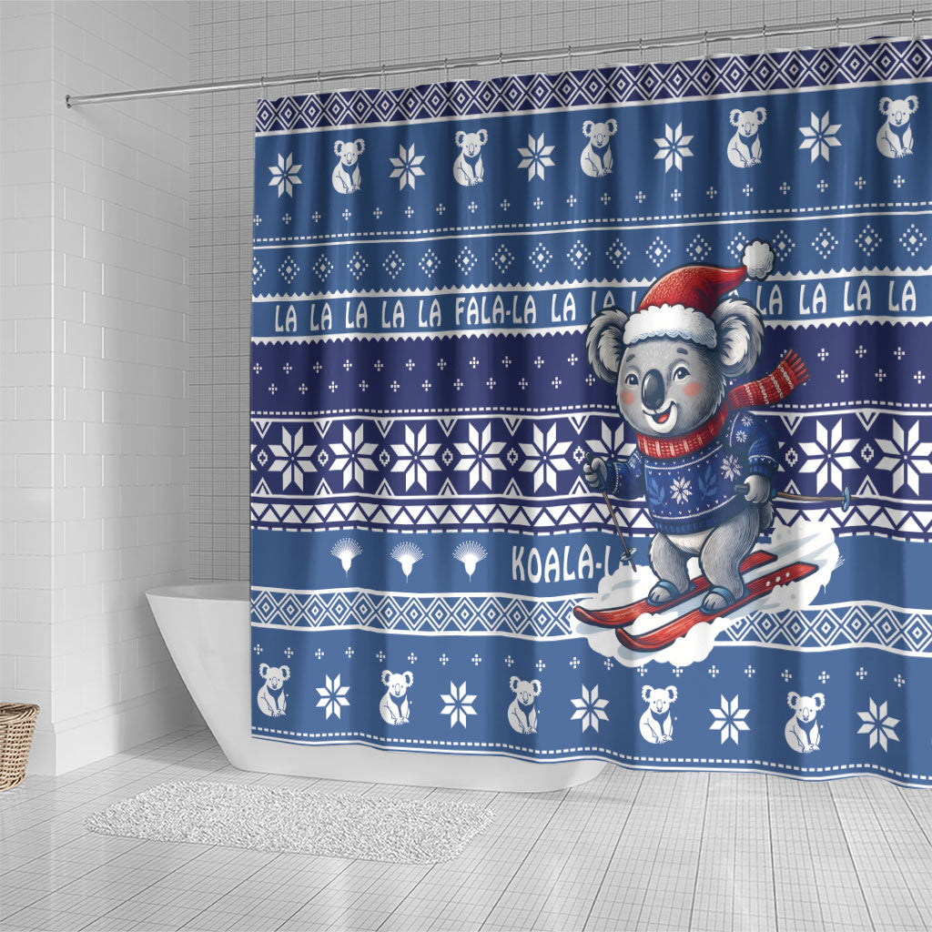 Australia Christmas In July Shower Curtain Koala Santa Skiing Blue Color