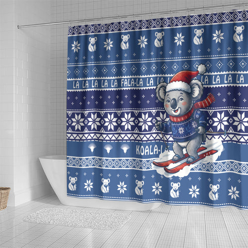 Australia Christmas In July Shower Curtain Koala Santa Skiing Blue Color