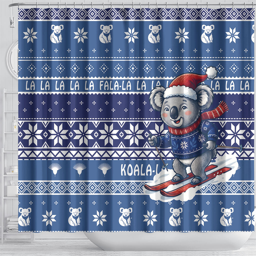 Australia Christmas In July Shower Curtain Koala Santa Skiing Blue Color