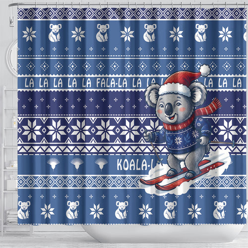 Australia Christmas In July Shower Curtain Koala Santa Skiing Blue Color