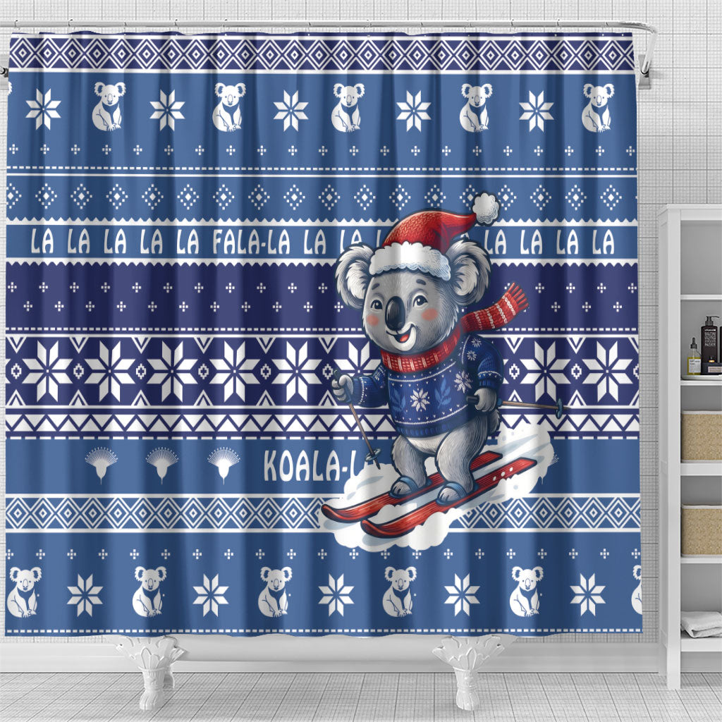 Australia Christmas In July Shower Curtain Koala Santa Skiing Blue Color
