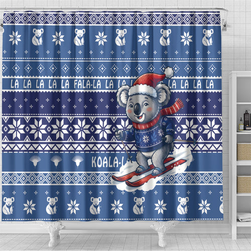 Australia Christmas In July Shower Curtain Koala Santa Skiing Blue Color