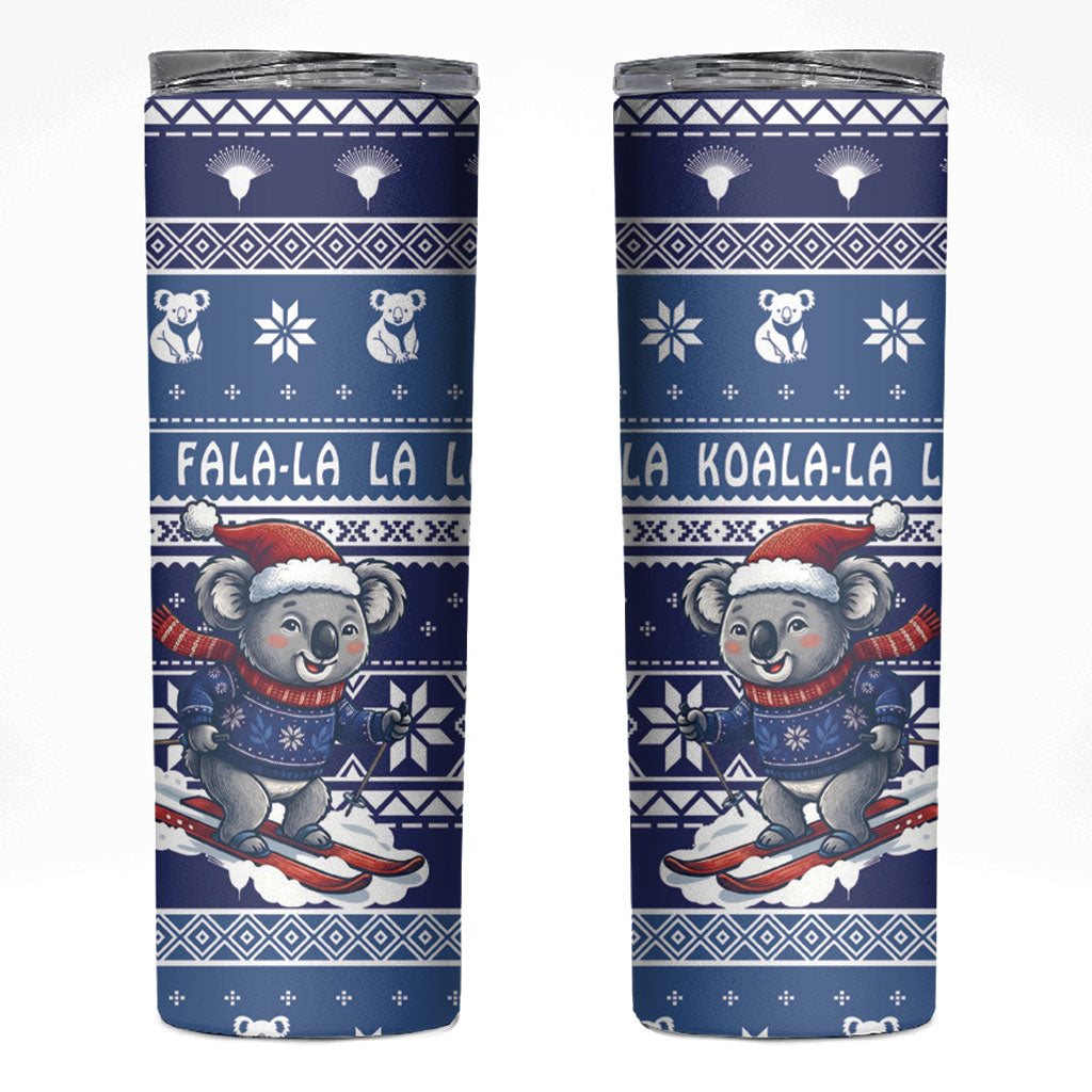 Australia Christmas In July Skinny Tumbler Koala Santa Skiing Blue Color