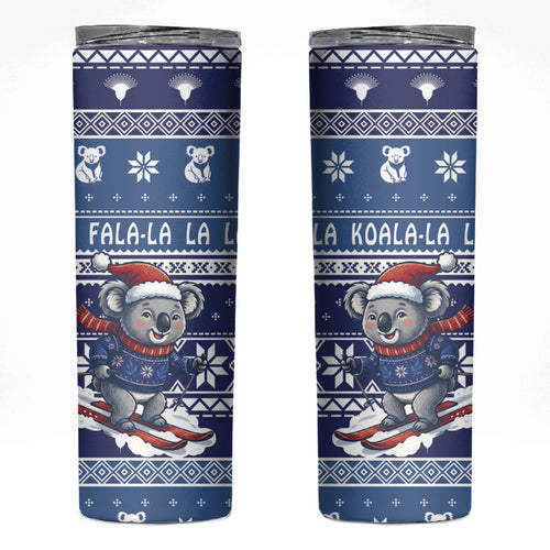 Australia Christmas In July Skinny Tumbler Koala Santa Skiing Blue Color
