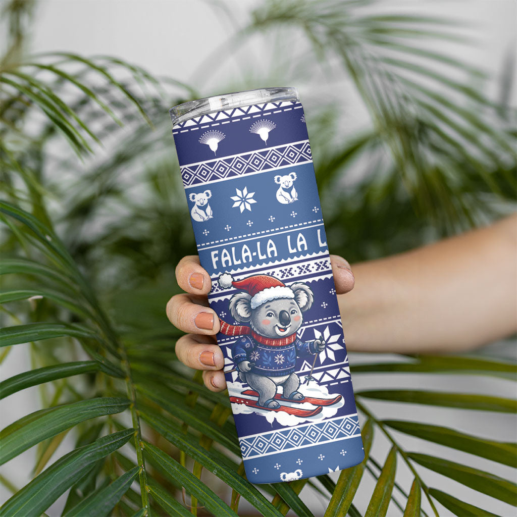 Australia Christmas In July Skinny Tumbler Koala Santa Skiing Blue Color