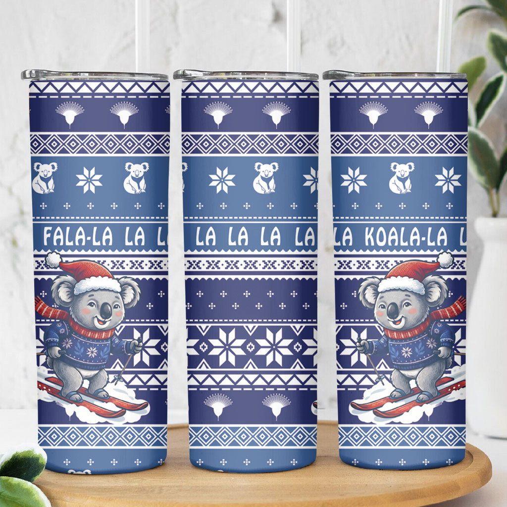 Australia Christmas In July Skinny Tumbler Koala Santa Skiing Blue Color