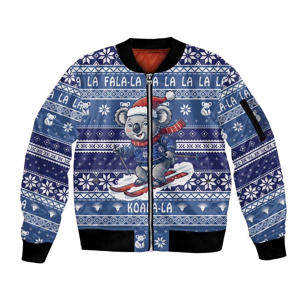 Australia Christmas In July Sleeve Zip Bomber Jacket Koala Santa Skiing Blue Color