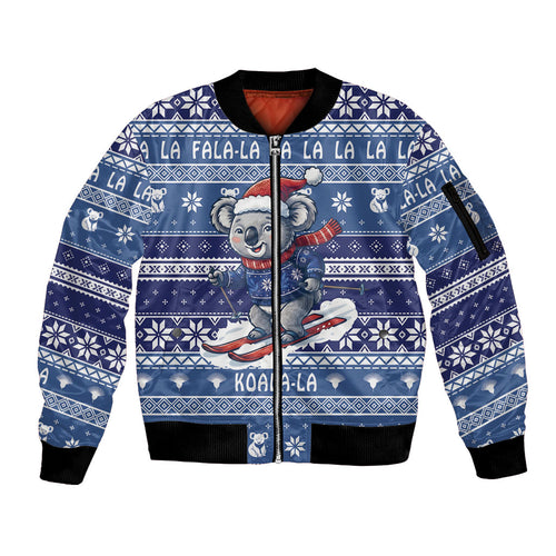 Australia Christmas In July Sleeve Zip Bomber Jacket Koala Santa Skiing Blue Color