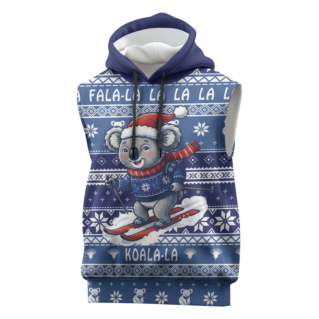Australia Christmas In July Sleeveless Hoodie Koala Santa Skiing Blue Color