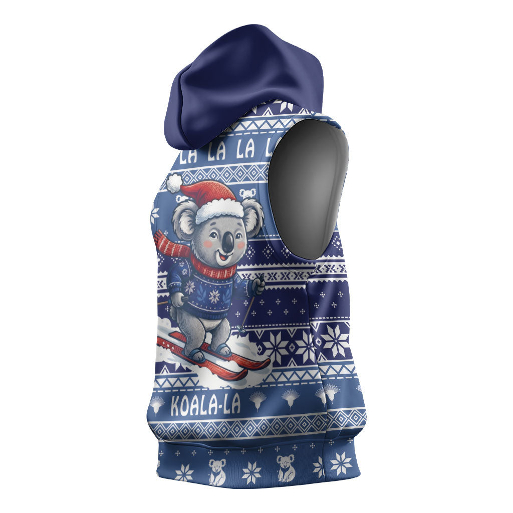 Australia Christmas In July Sleeveless Hoodie Koala Santa Skiing Blue Color