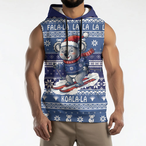 Australia Christmas In July Sleeveless Hoodie Koala Santa Skiing Blue Color